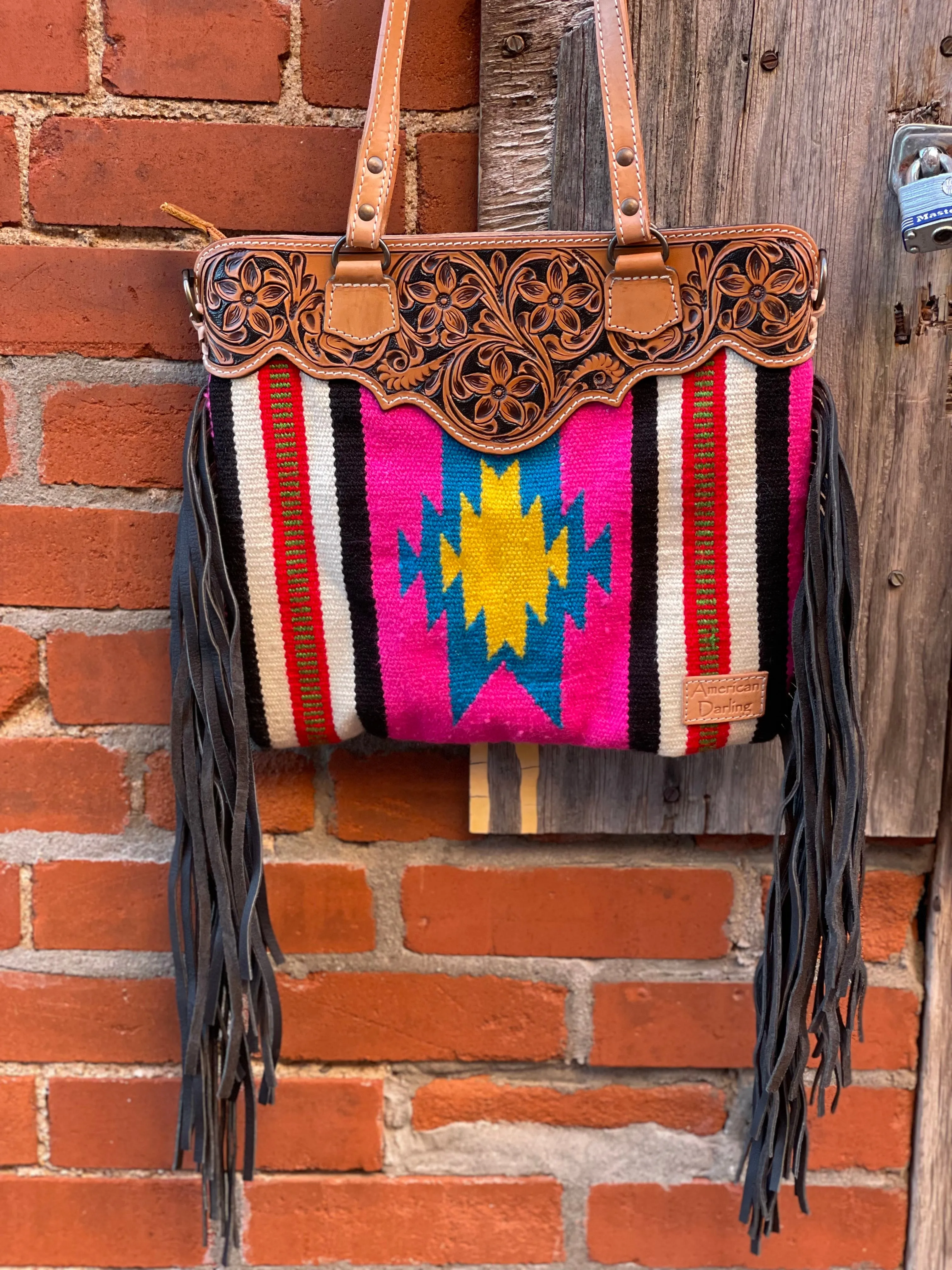 American Darling Pink Multi Color Aztec Saddle Blanket Floral Tooled Fringe Purse