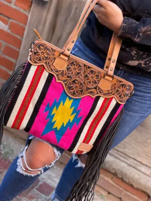 American Darling Pink Multi Color Aztec Saddle Blanket Floral Tooled Fringe Purse