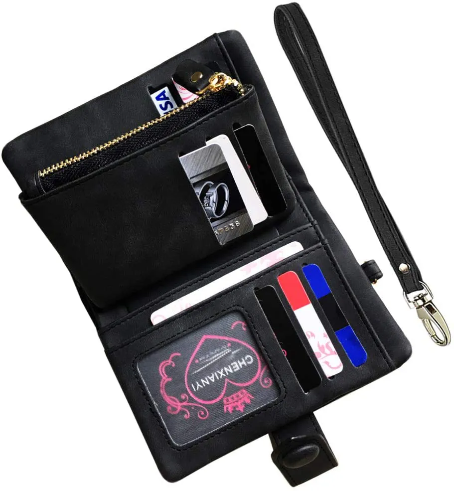 AOXONEL Women's Small Bifold Leather wallet Rfid blocking Ladies Wristlet with Card holder id window Coin Purse (Black)