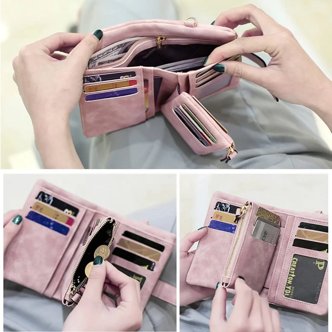 AOXONEL Women's Small Bifold Leather wallet Rfid blocking Ladies Wristlet with Card holder id window Coin Purse (Pink)