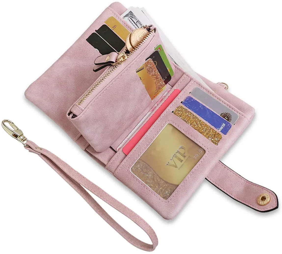 AOXONEL Women's Small Bifold Leather wallet Rfid blocking Ladies Wristlet with Card holder id window Coin Purse (Pink)