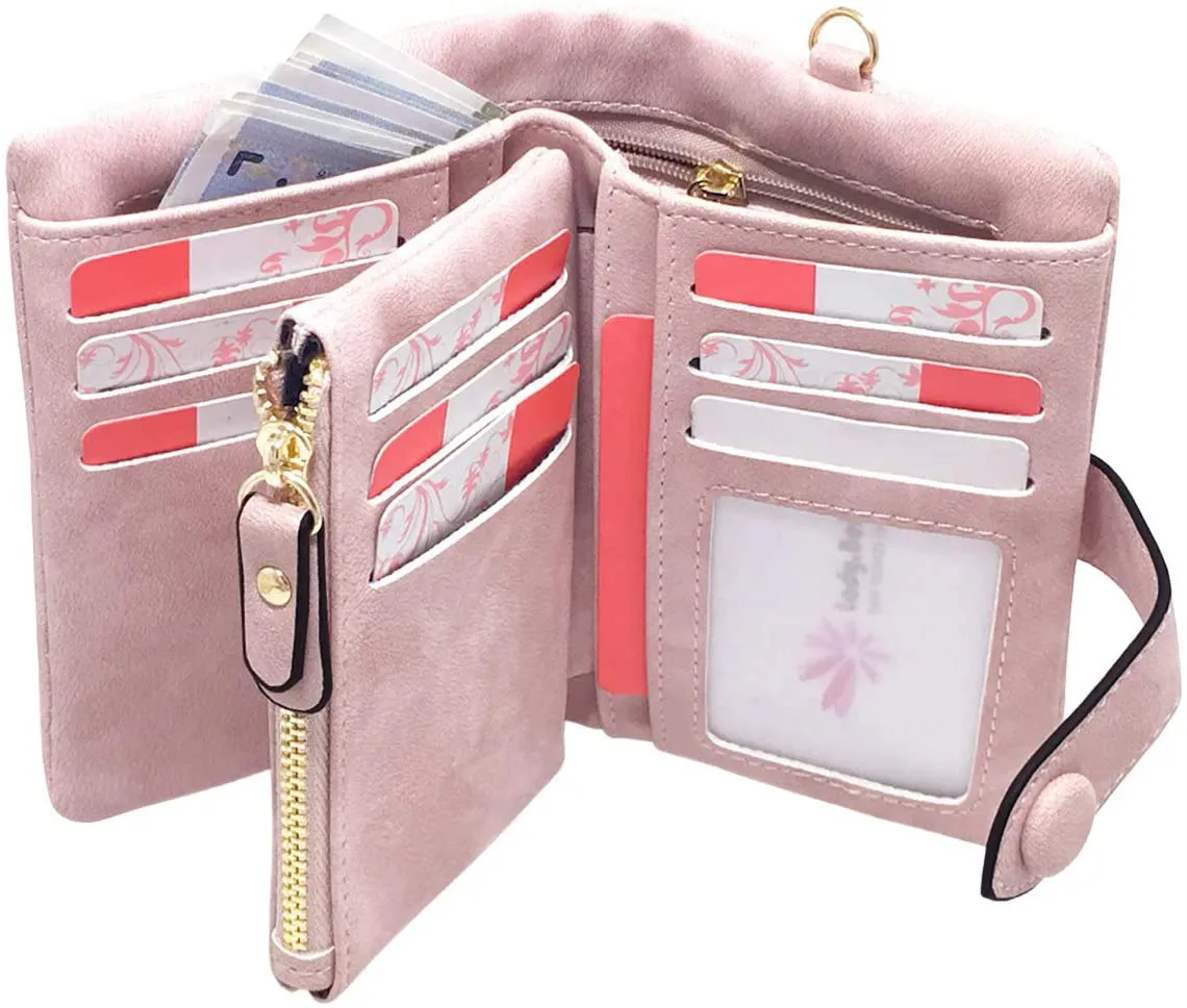 AOXONEL Women's Small Bifold Leather wallet Rfid blocking Ladies Wristlet with Card holder id window Coin Purse (Pink)