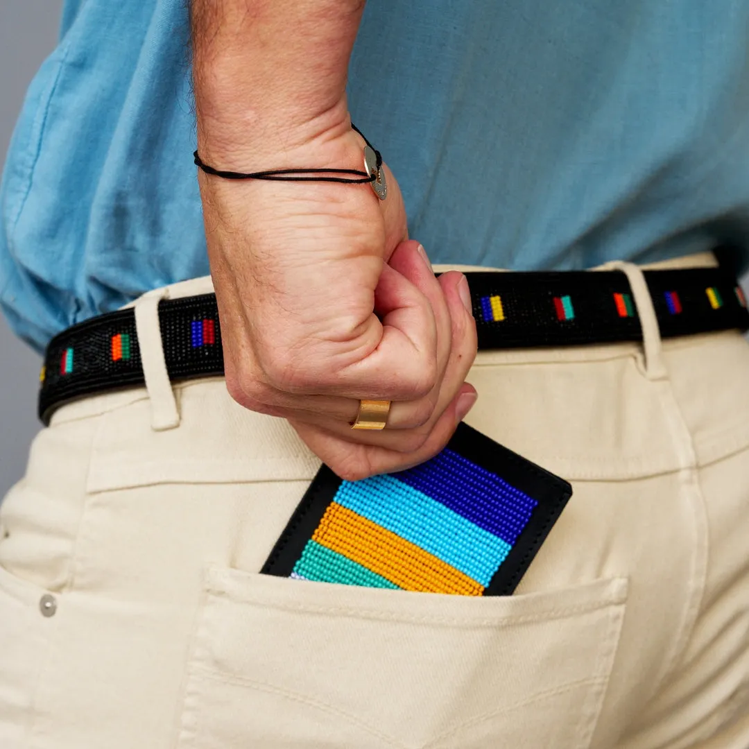 Beaded Card Wallet - Multi Blue Stripe