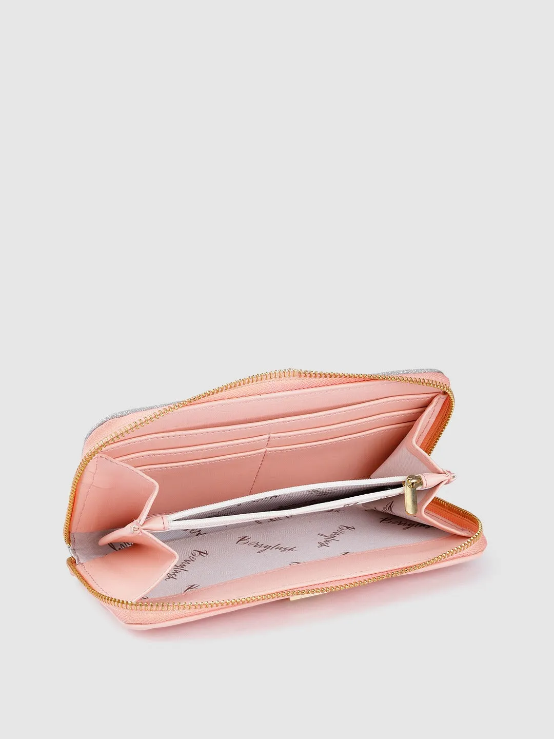 Berrylush Women Pink & Silver Colourblocked Pattern PU Zipper Tasselled Around Long Wallet