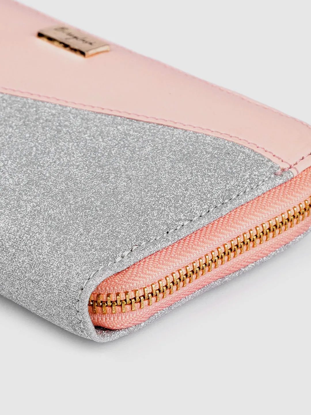 Berrylush Women Pink & Silver Colourblocked Pattern PU Zipper Tasselled Around Long Wallet