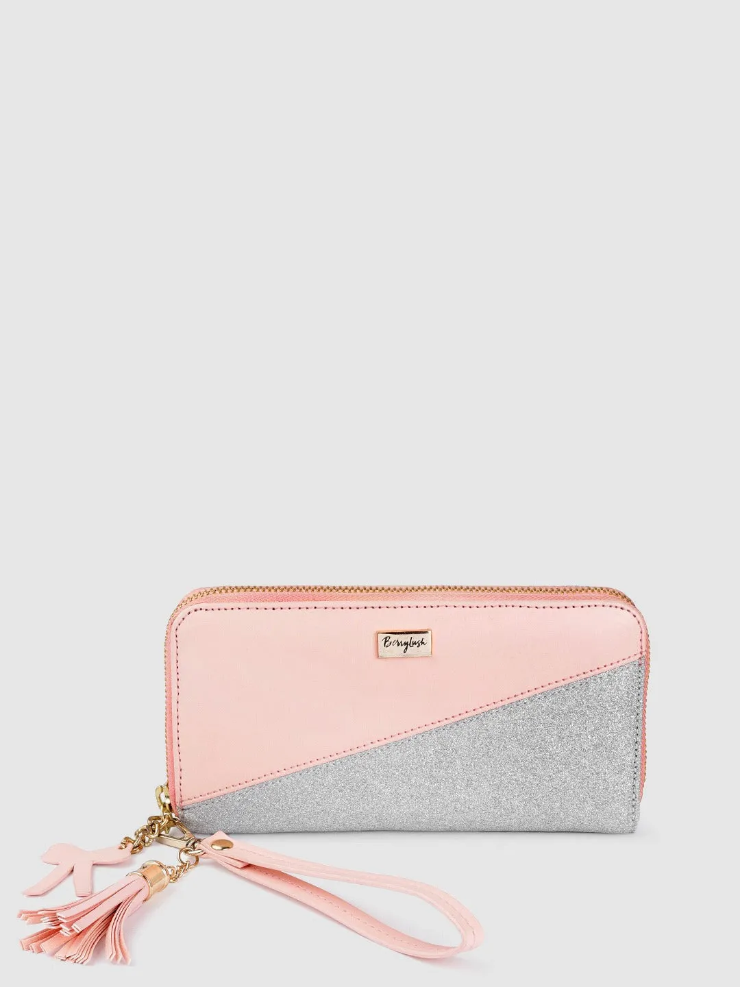 Berrylush Women Pink & Silver Colourblocked Pattern PU Zipper Tasselled Around Long Wallet