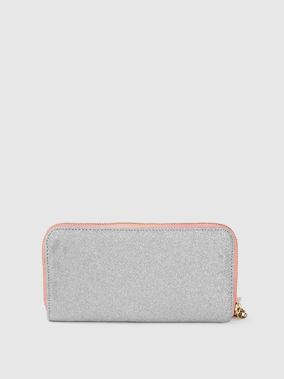 Berrylush Women Pink & Silver Colourblocked Pattern PU Zipper Tasselled Around Long Wallet