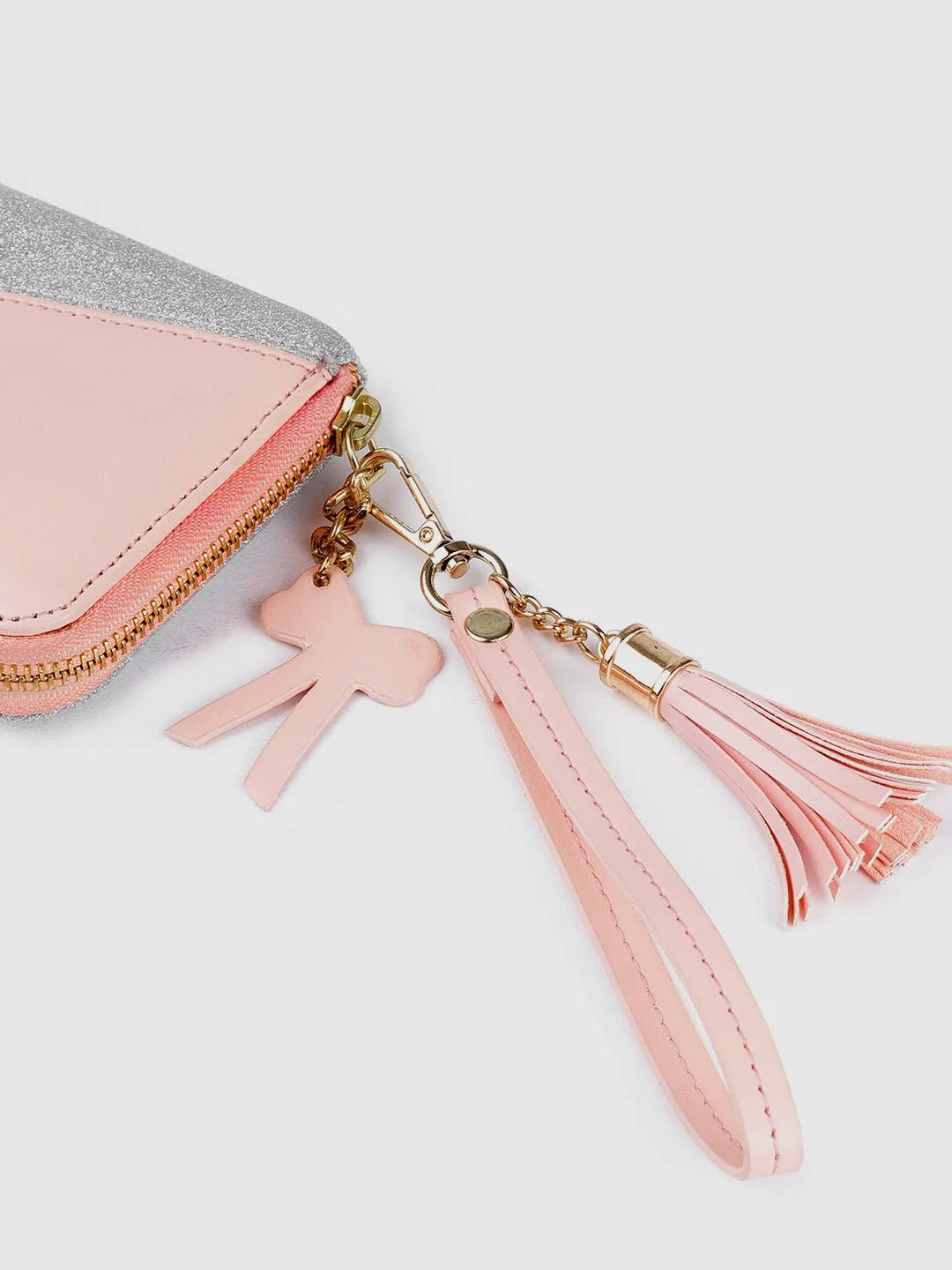 Berrylush Women Pink & Silver Colourblocked Pattern PU Zipper Tasselled Around Long Wallet