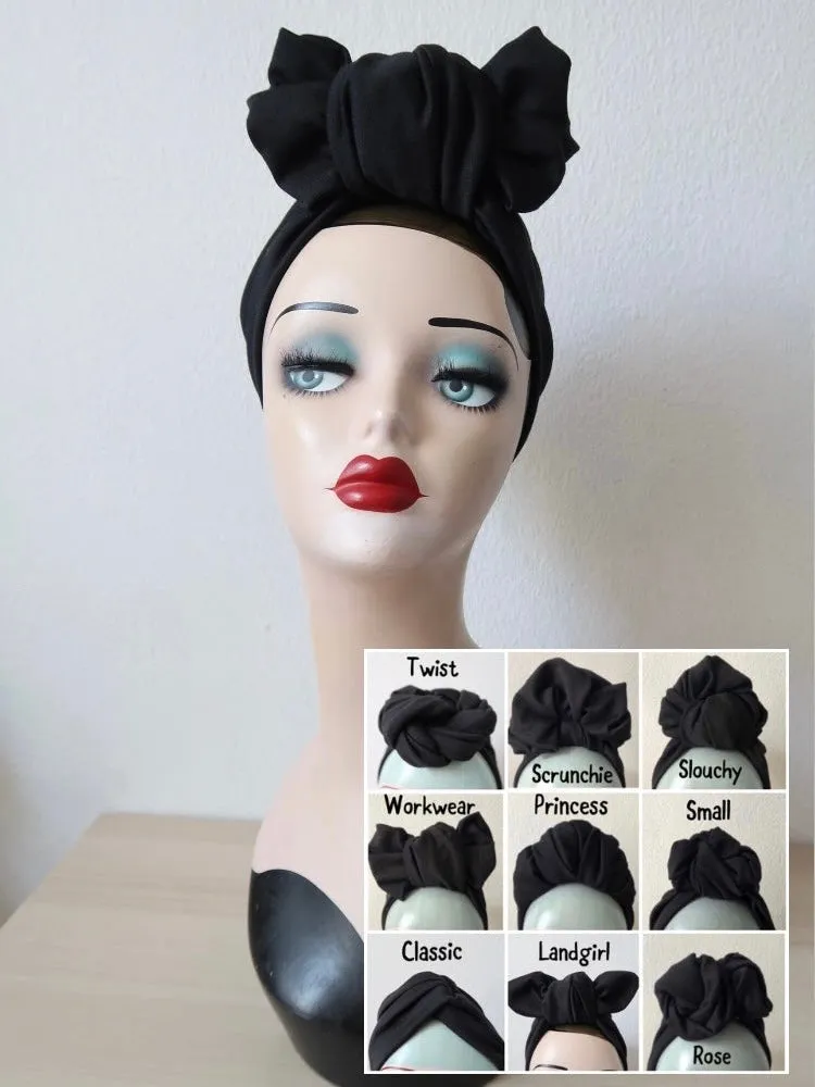 BLACK KNOT CHOICE 1940s Pre-tied Stretchy Plain Black Turban(made to order)