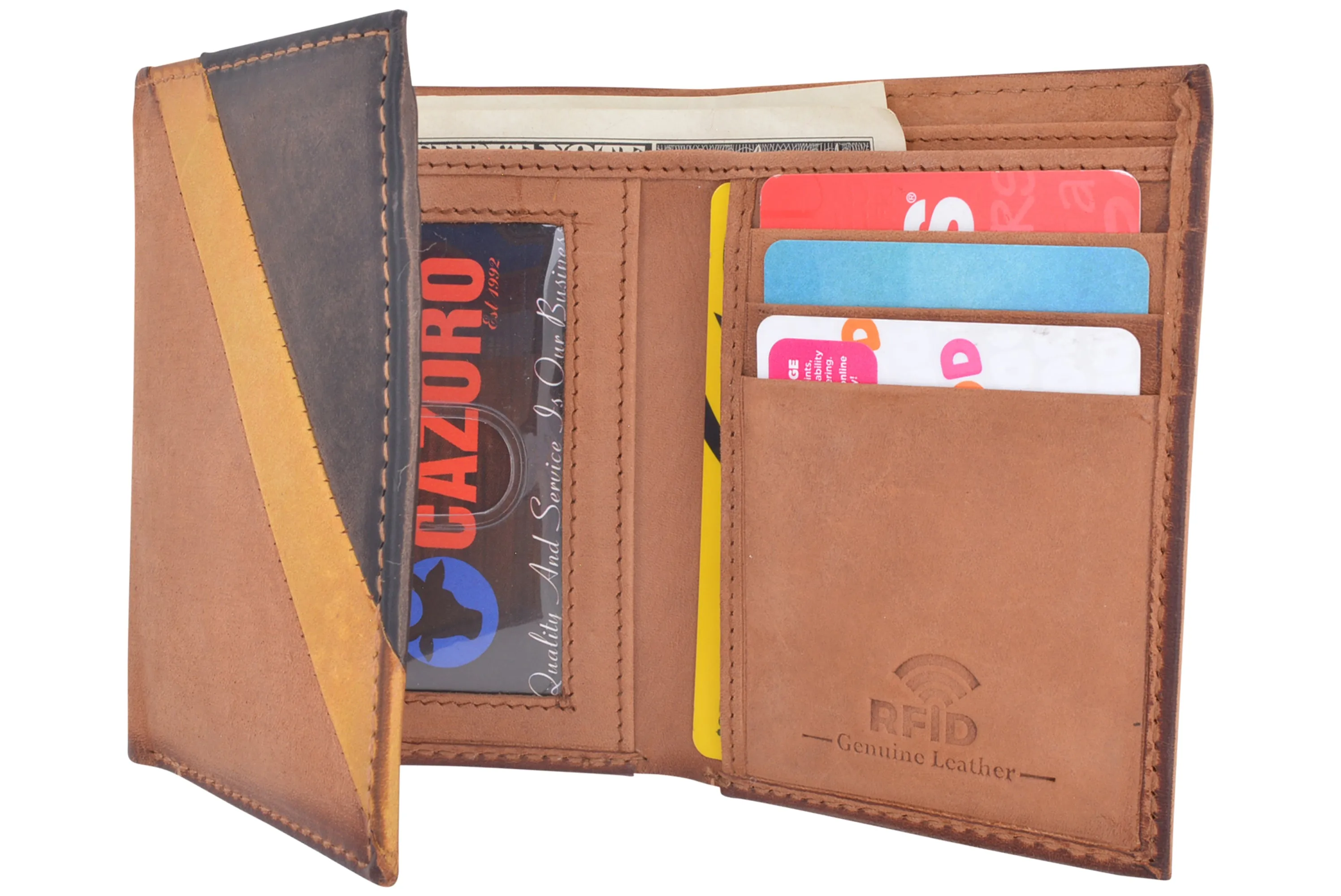 CAZORO Real Leather Wallets for Men RFID Blocking Slim Trifold Wallet with Card Slots & ID Window