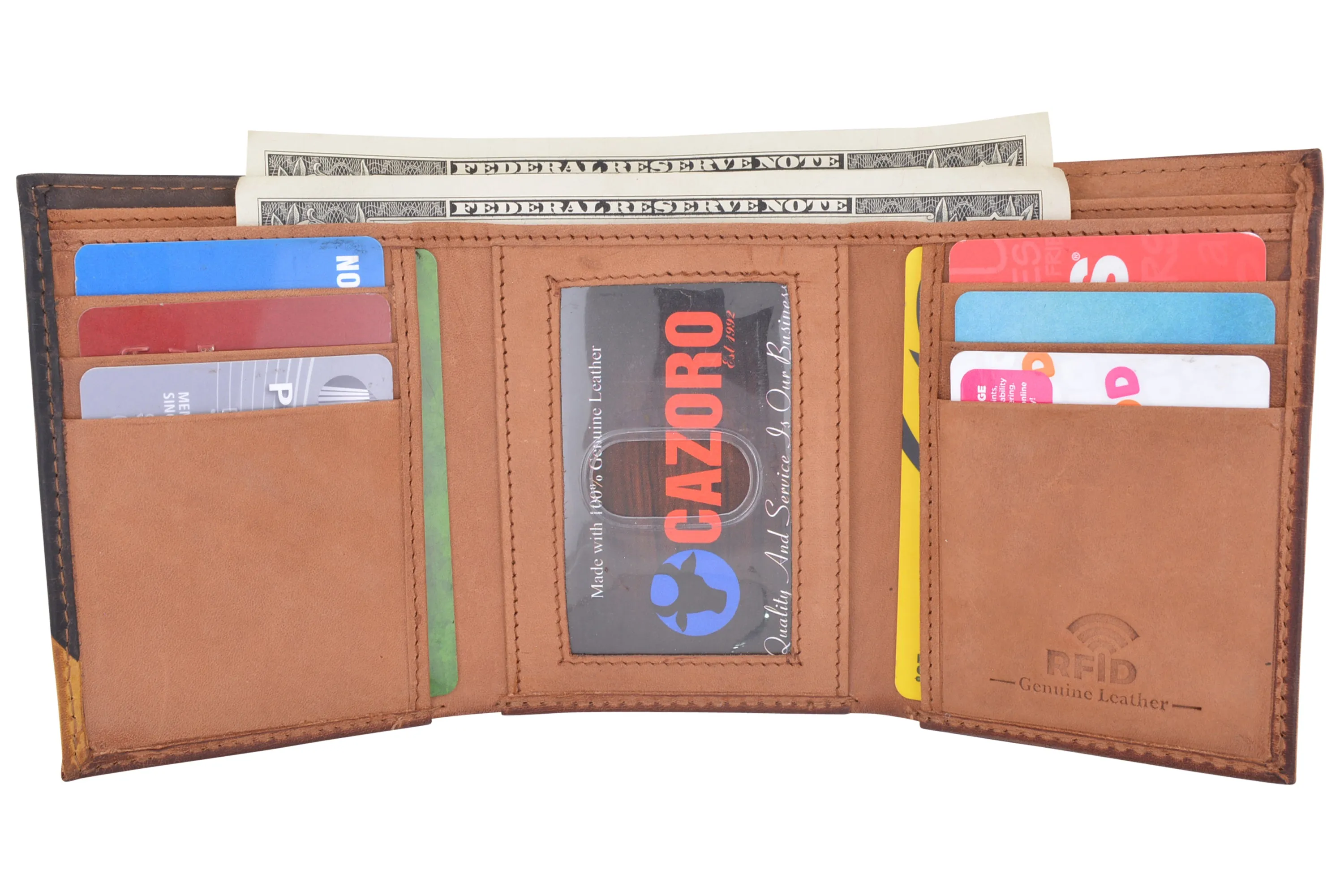 CAZORO Real Leather Wallets for Men RFID Blocking Slim Trifold Wallet with Card Slots & ID Window