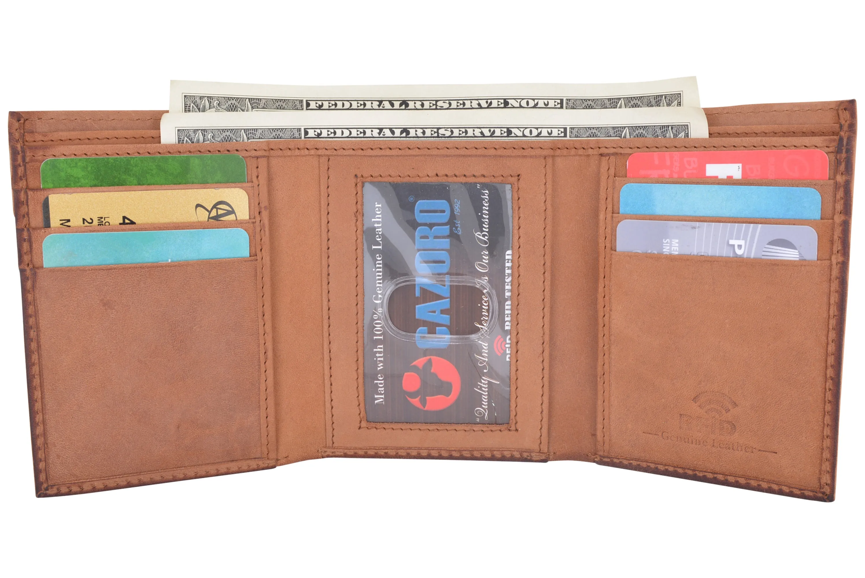 CAZORO Real Leather Wallets for Men RFID Blocking Slim Trifold Wallet with Card Slots & ID Window