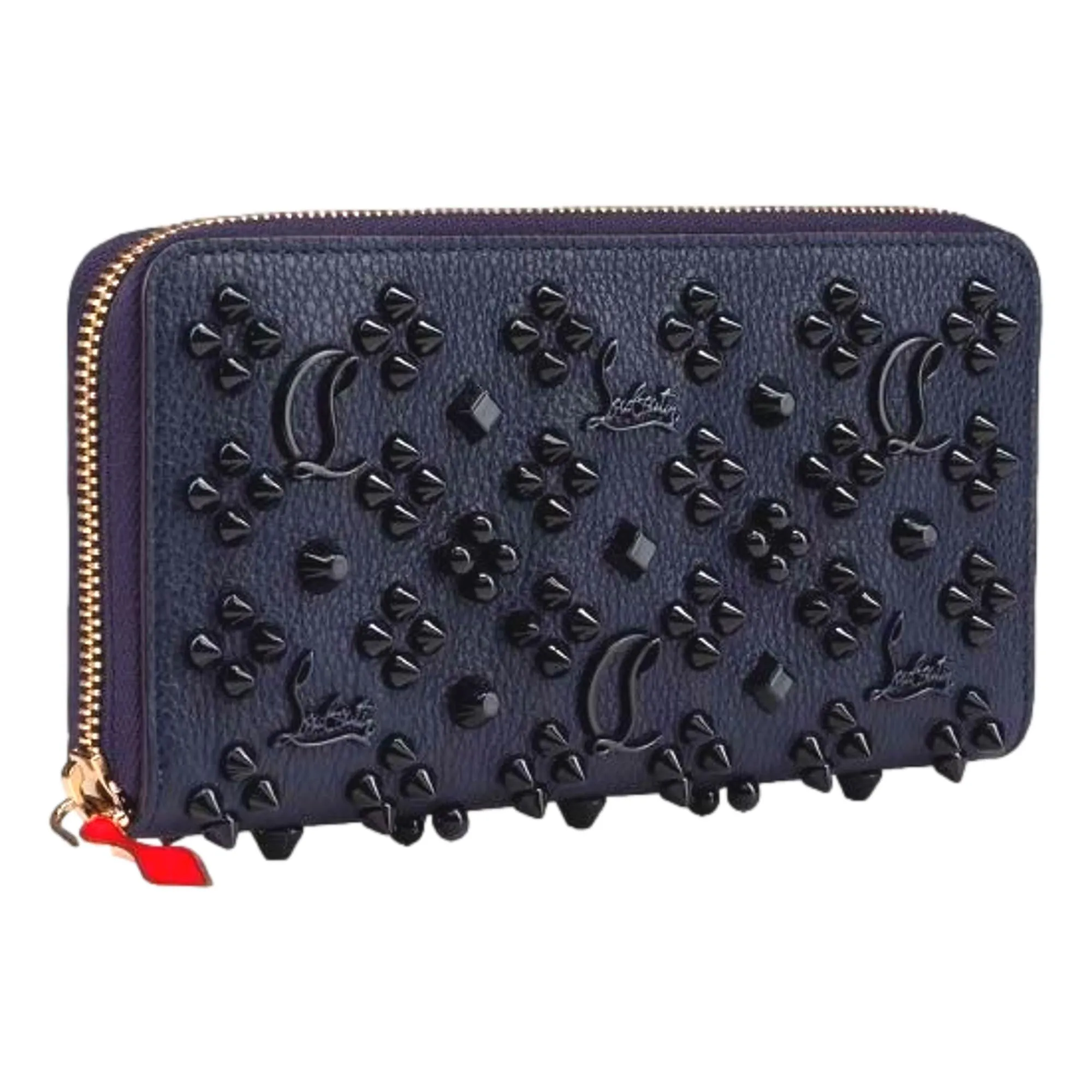 Christian Louboutin Panettone Studded Blue Leather Zip Around Wallet