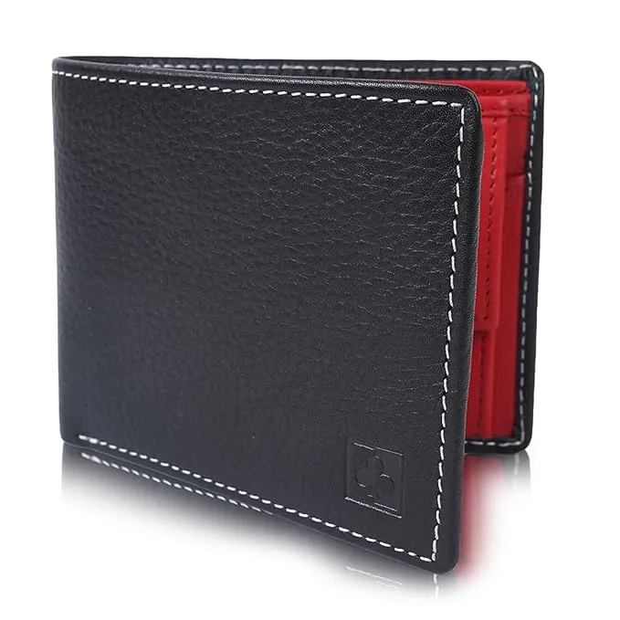 CIMONI® Premium Genuine Leather Wallet for Men Travel Casual Wallet with RFID Blocking 3 Card Sots, 2 Secret Compartments, 1 Coin Window (Color - Black & Red)