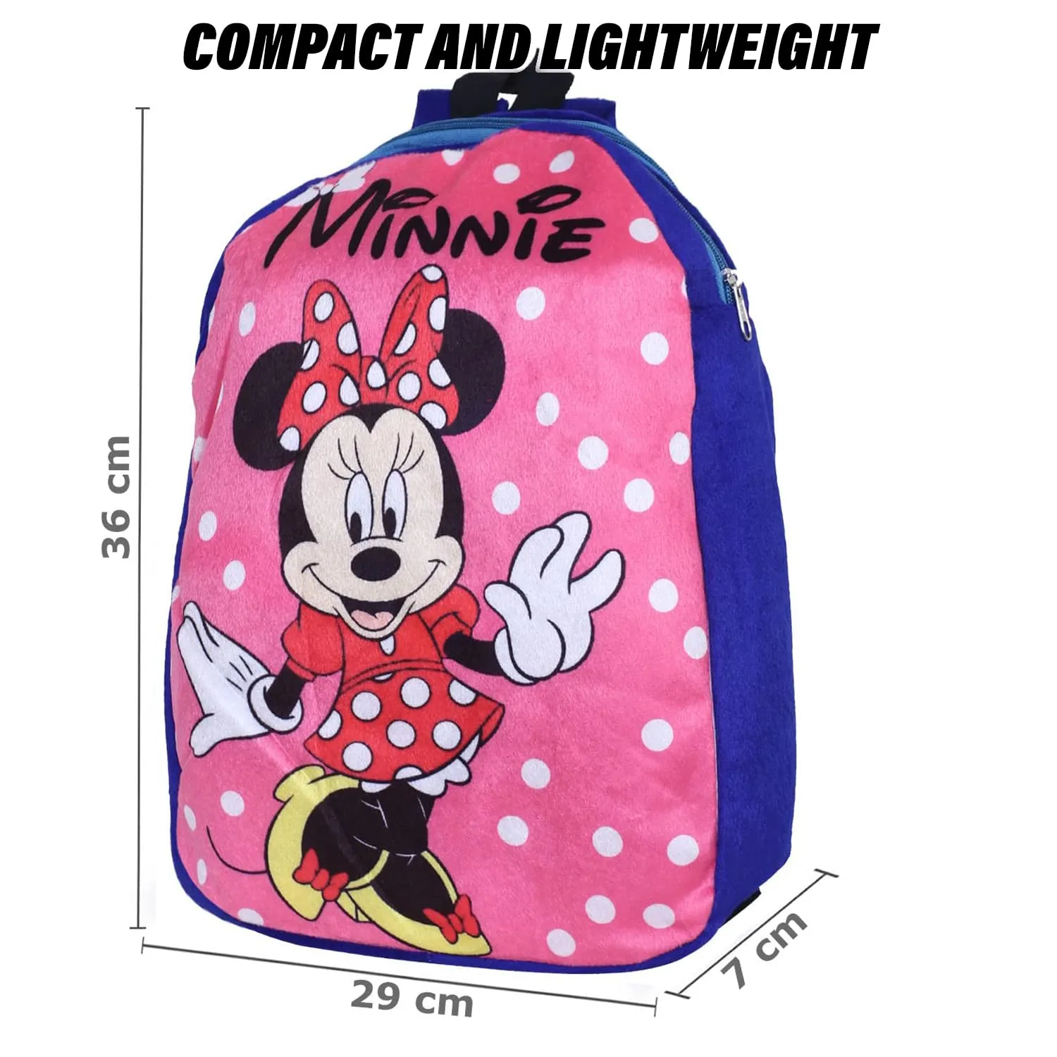 Kuber Industries Disney Minnie Backpack | 2 Compartment Velvet School Bag | Dot Print School Bag for Kids | Kids School Backpack | Backpack for School | Blue