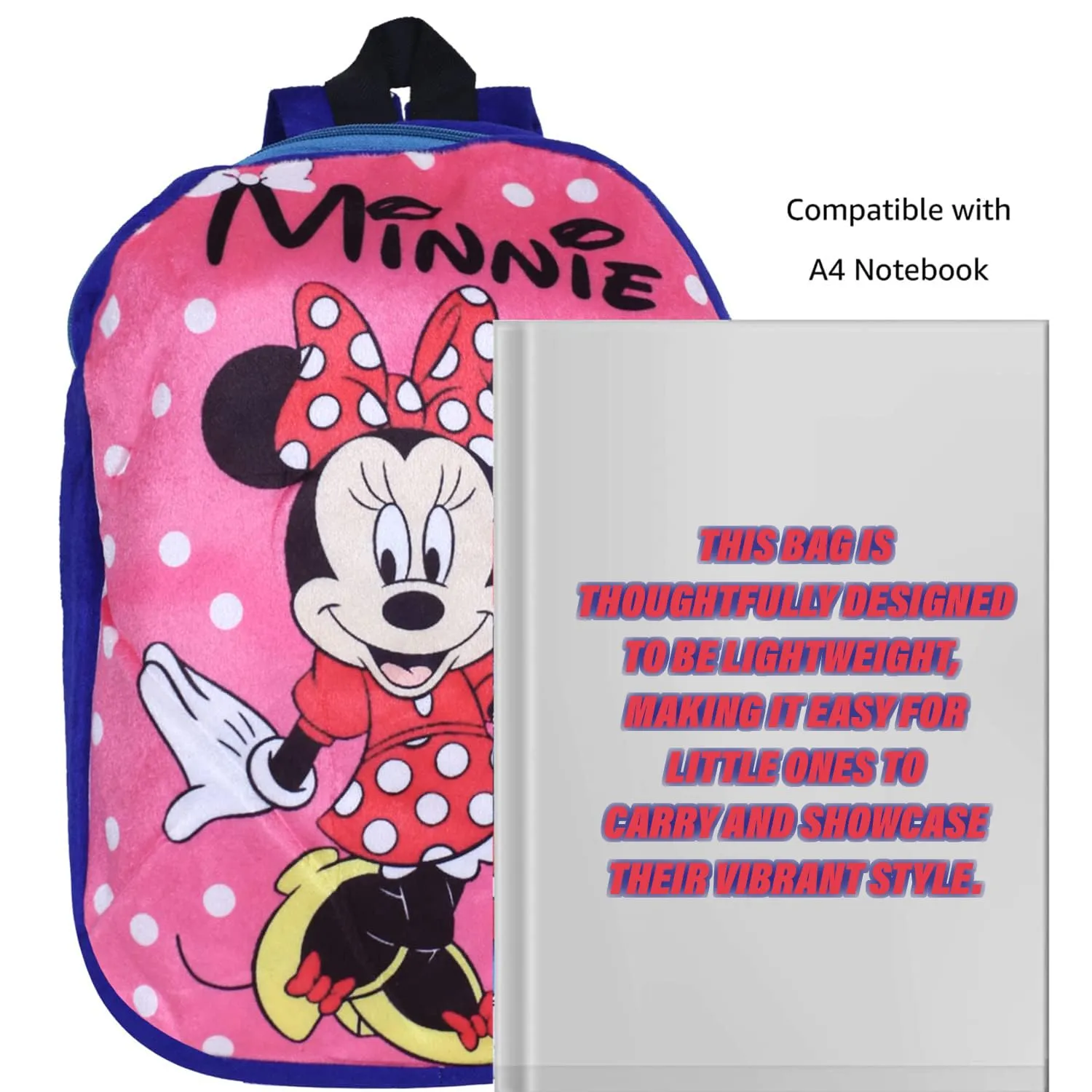 Kuber Industries Disney Minnie Backpack | 2 Compartment Velvet School Bag | Dot Print School Bag for Kids | Kids School Backpack | Backpack for School | Blue