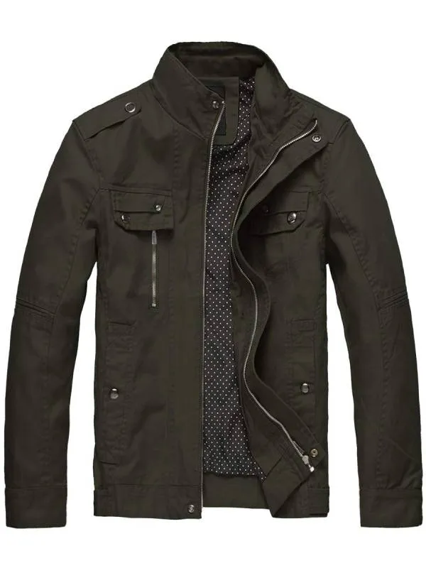 Men's Front Zip Cotton Jacket Lightweight Stand Collar