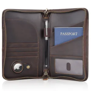 Polare Full Grain Leather Passport Holder RFID Blocking Travel Document Organizer Ticket Holder Cover Case Holds 2 Passports with AirTag Slot