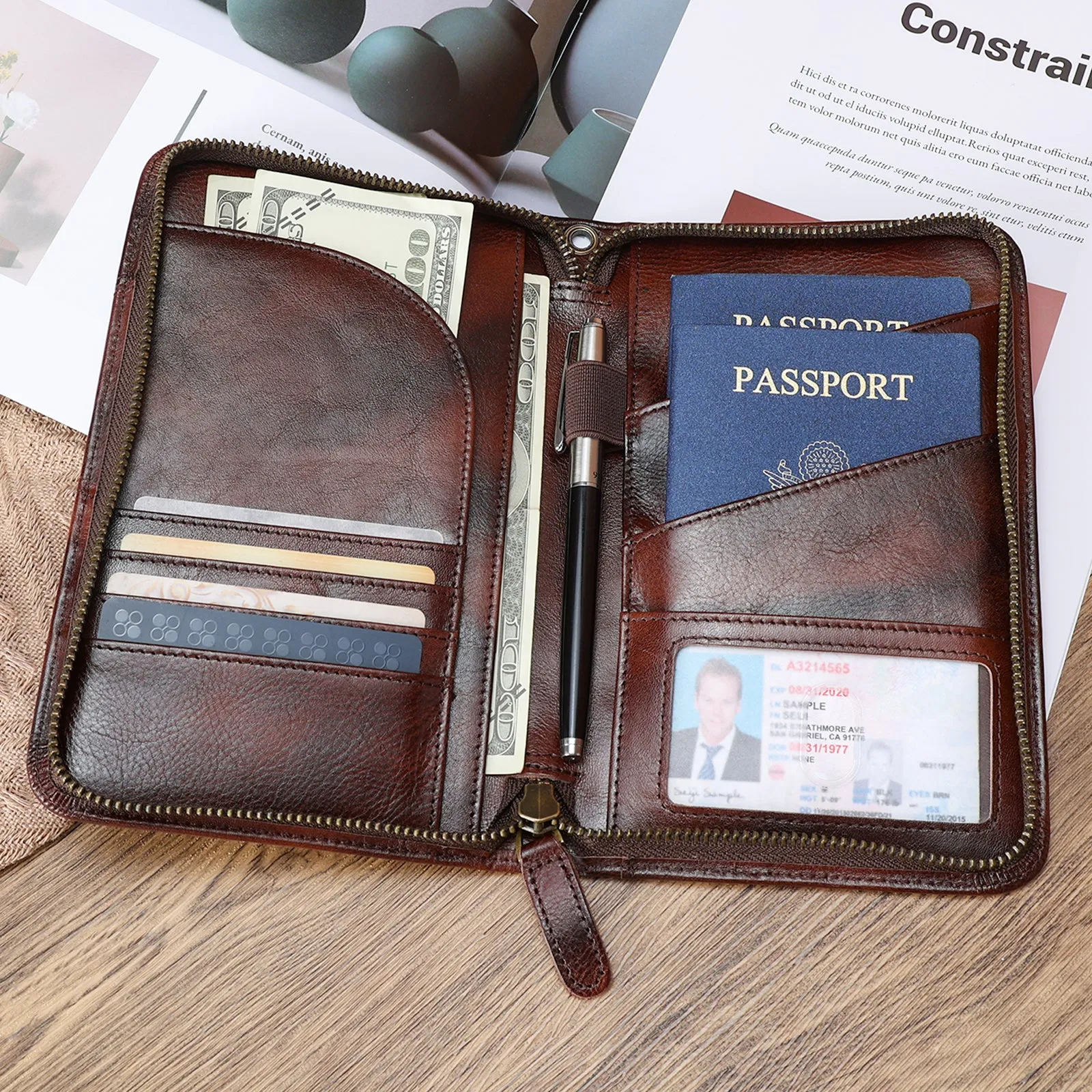 Polare Full Grain Leather Passport Holder With YKK Zipper RFID Blocking Travel Document Organizer Ticket Holder Cover Case Holds 2 Passports