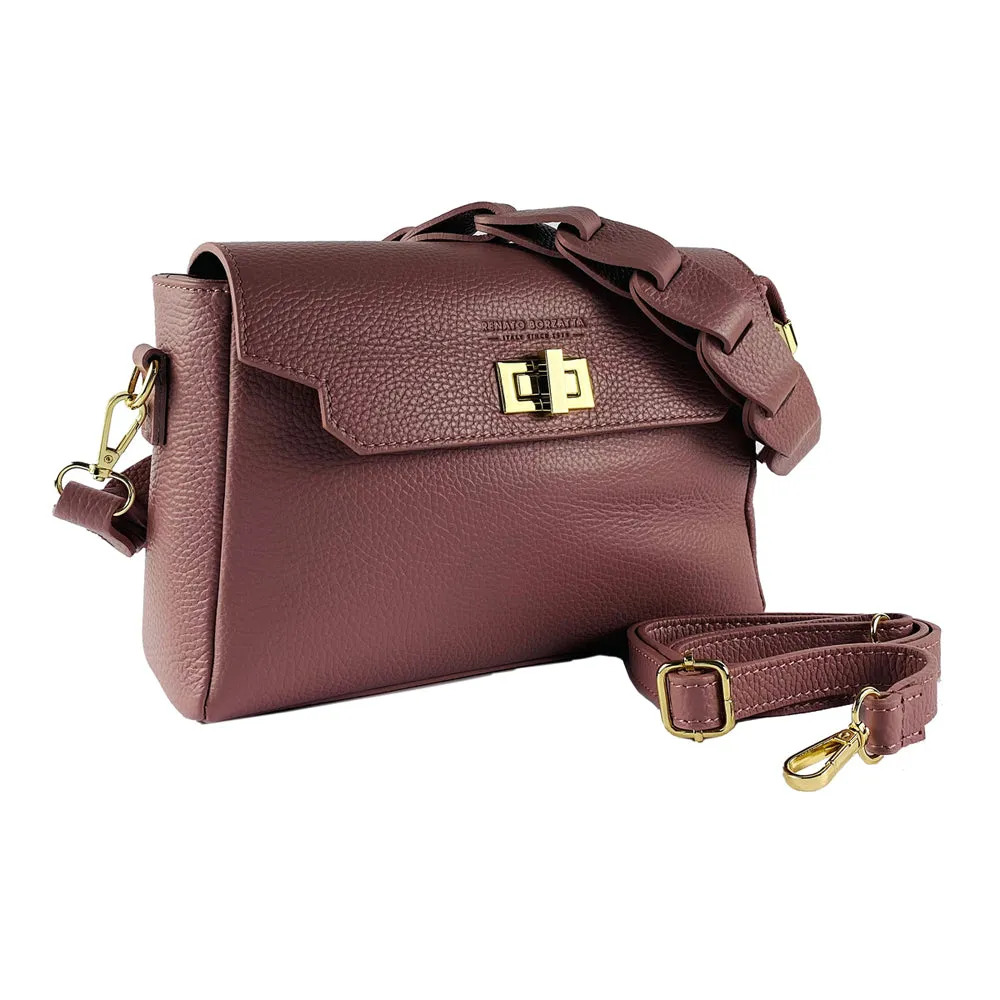 RB1003AZ | Genuine Leather Shoulder Bag with removable braided shoulder strap and attachments with shiny gold metal snap hooks - Antique Pink color