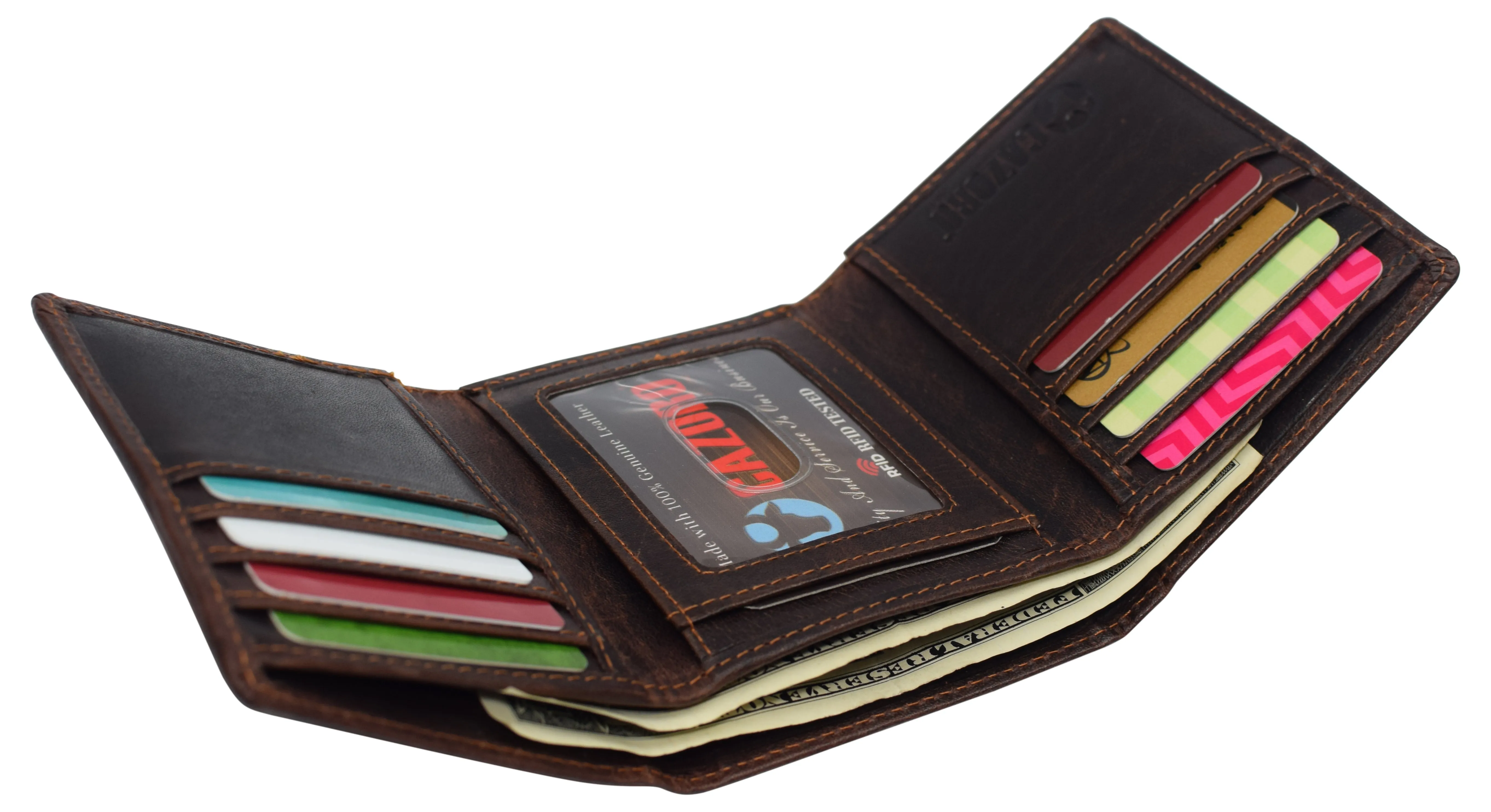 Real Buffalo Leather Wallets for Men - RFID Blocking Slim Trifold Wallet with Card Slots