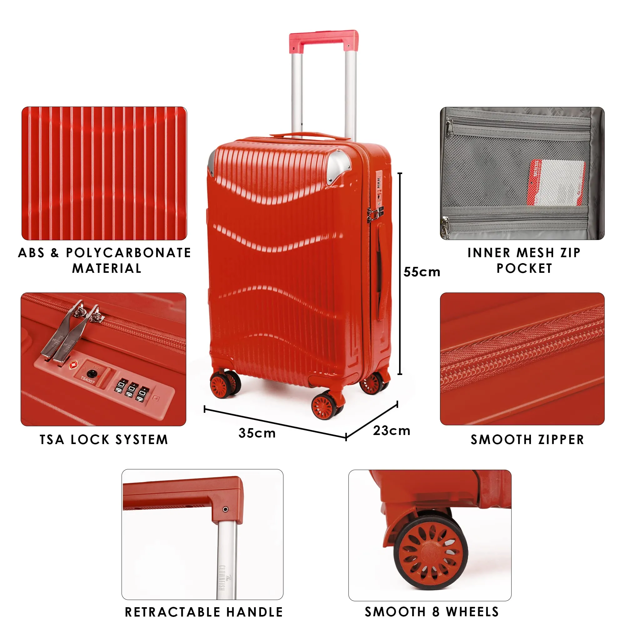 THE CLOWNFISH Ballard Series Luggage Abs & Polycarbonate Exterior Suitcase 8 Wheel Spinner Hardside Trolley Bag With Tsa Lock- Red (Small Size, 55 Cm-22 Inch), 35 Centimeters, 23 Centimeters