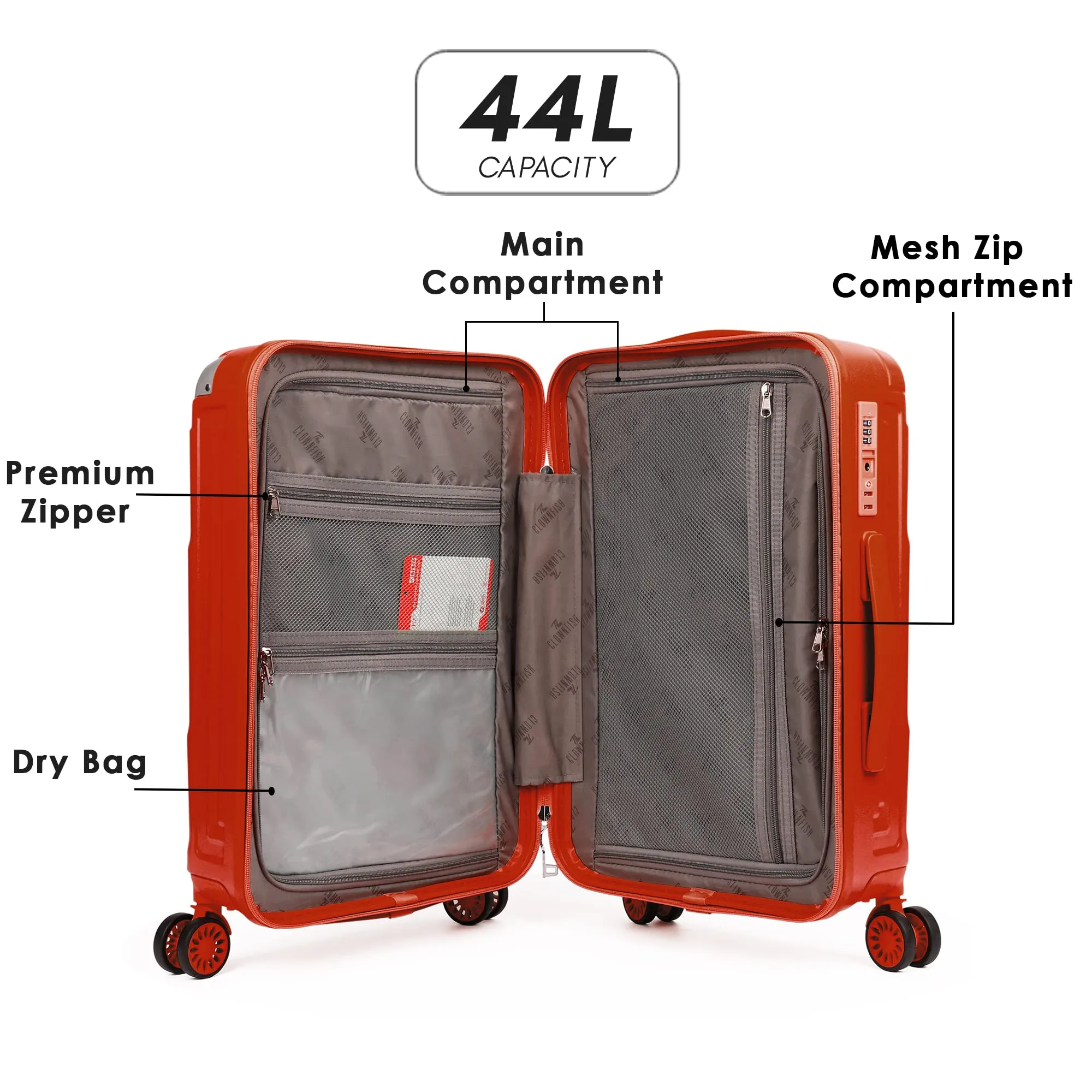 THE CLOWNFISH Ballard Series Luggage Abs & Polycarbonate Exterior Suitcase 8 Wheel Spinner Hardside Trolley Bag With Tsa Lock- Red (Small Size, 55 Cm-22 Inch), 35 Centimeters, 23 Centimeters