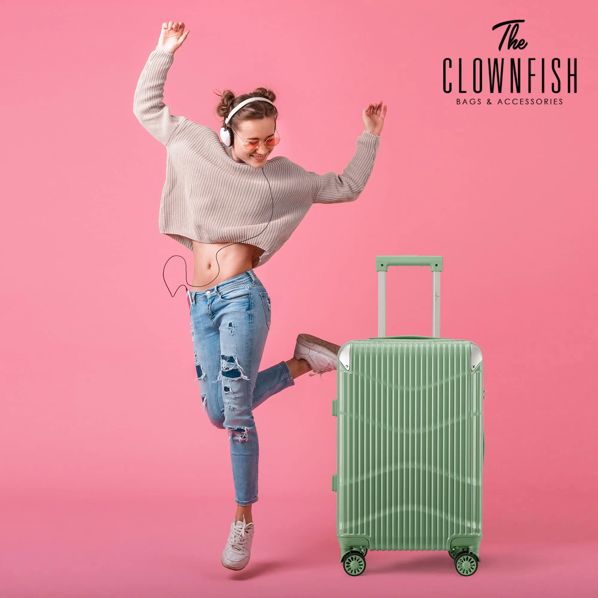 THE CLOWNFISH Ballard Series Luggage ABS & Polycarbonate Exterior Suitcase Eight Wheel Trolley Bag with TSA Lock- Green (Small size, 55 cm-22 inch)