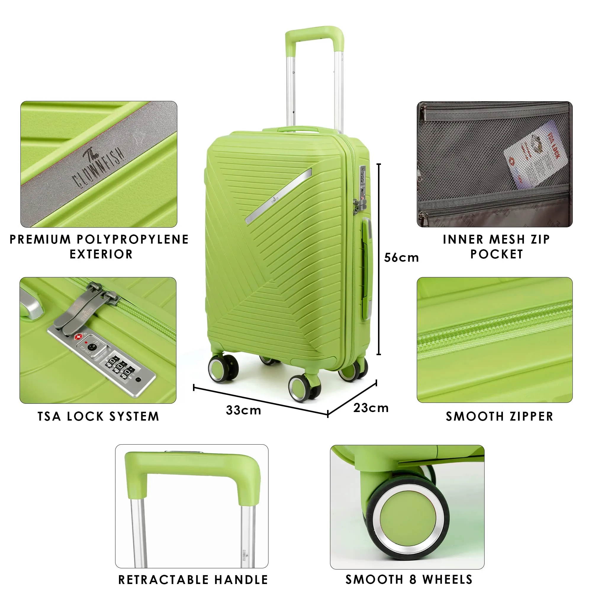 THE CLOWNFISH Denzel Series 56 Cm Polypropylene Hard Case Suitcase Eight Wheels Spinner Trolley Bag With Tsa Lock (Green Small Size 22 Inch)