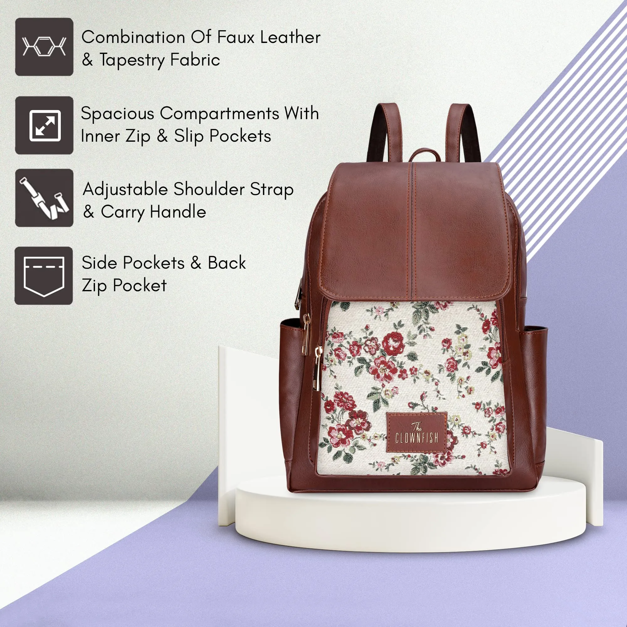 THE CLOWNFISH Medium Size Minerva Faux Leather & Tapestry Women's Standard Backpack College School Bag Casual Travel Standard Backpack For Ladies Girls (White- Floral), 10 Litre