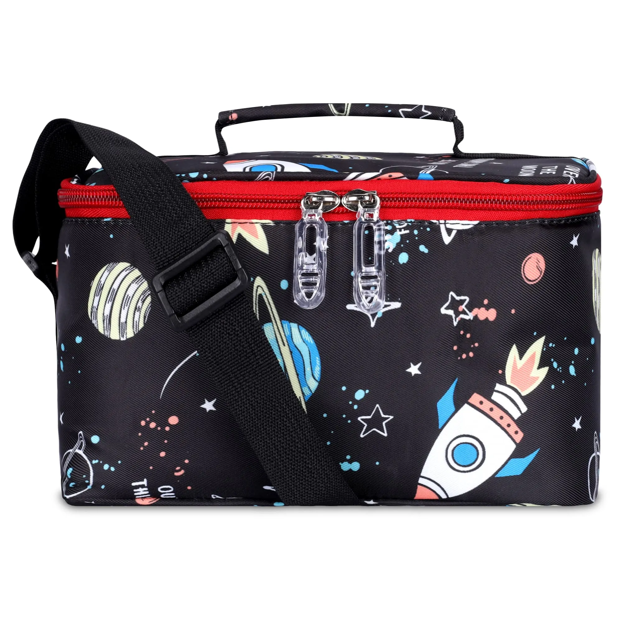 THE CLOWNFISH Snack Attack Series Polyester Printed Tiffin Carry Bag Lunch Bag Lunch Box Carrier Bag for School Picnic Travel Food Storage Bag (Jet Black)