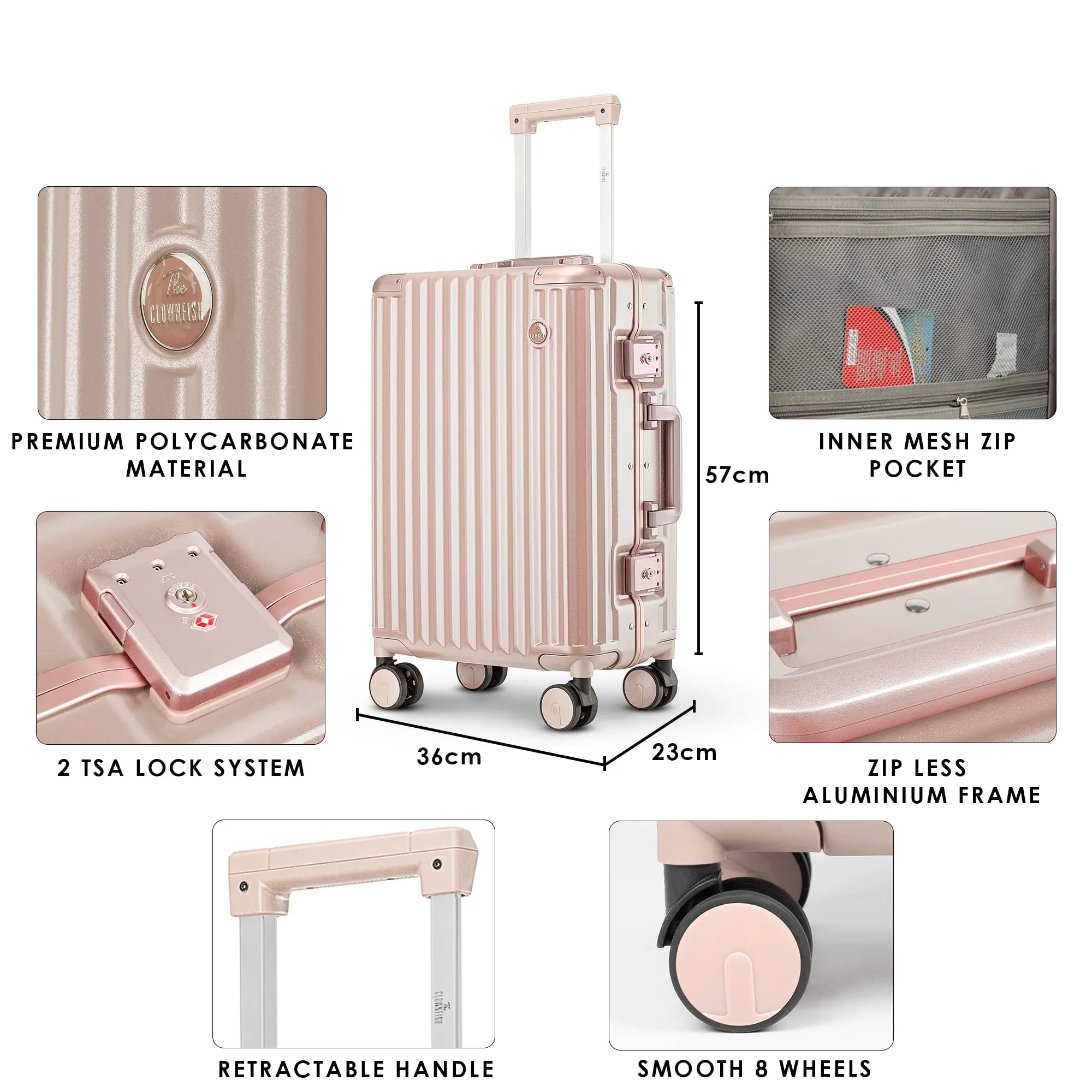 THE CLOWNFISH Stark Series Luggage PolyCarbonate Hard Case Suitcase Eight Wheel Trolley Bag with Double TSA Locks- Blush Pink (Medium size, 67 cm-26 inch)