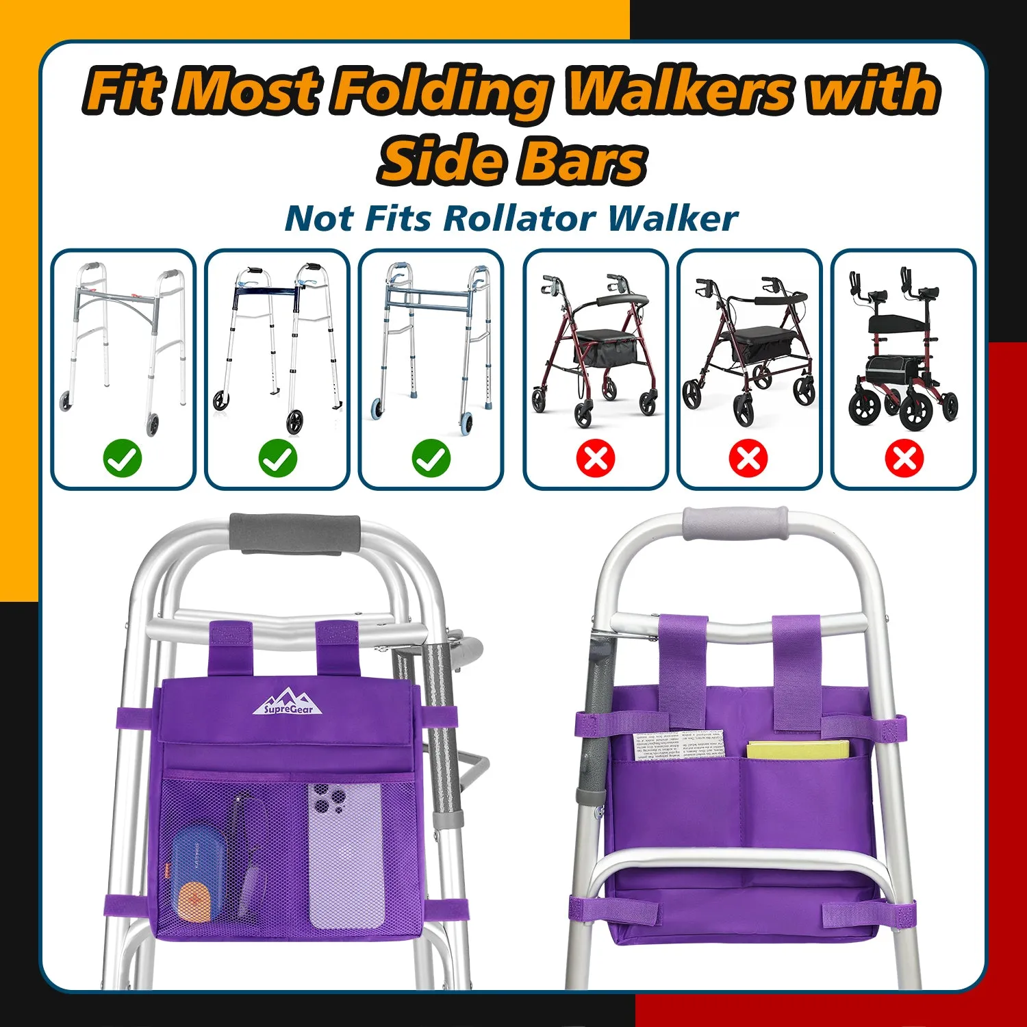 Water-Resistant Walker Side Bag, Basket Pouch