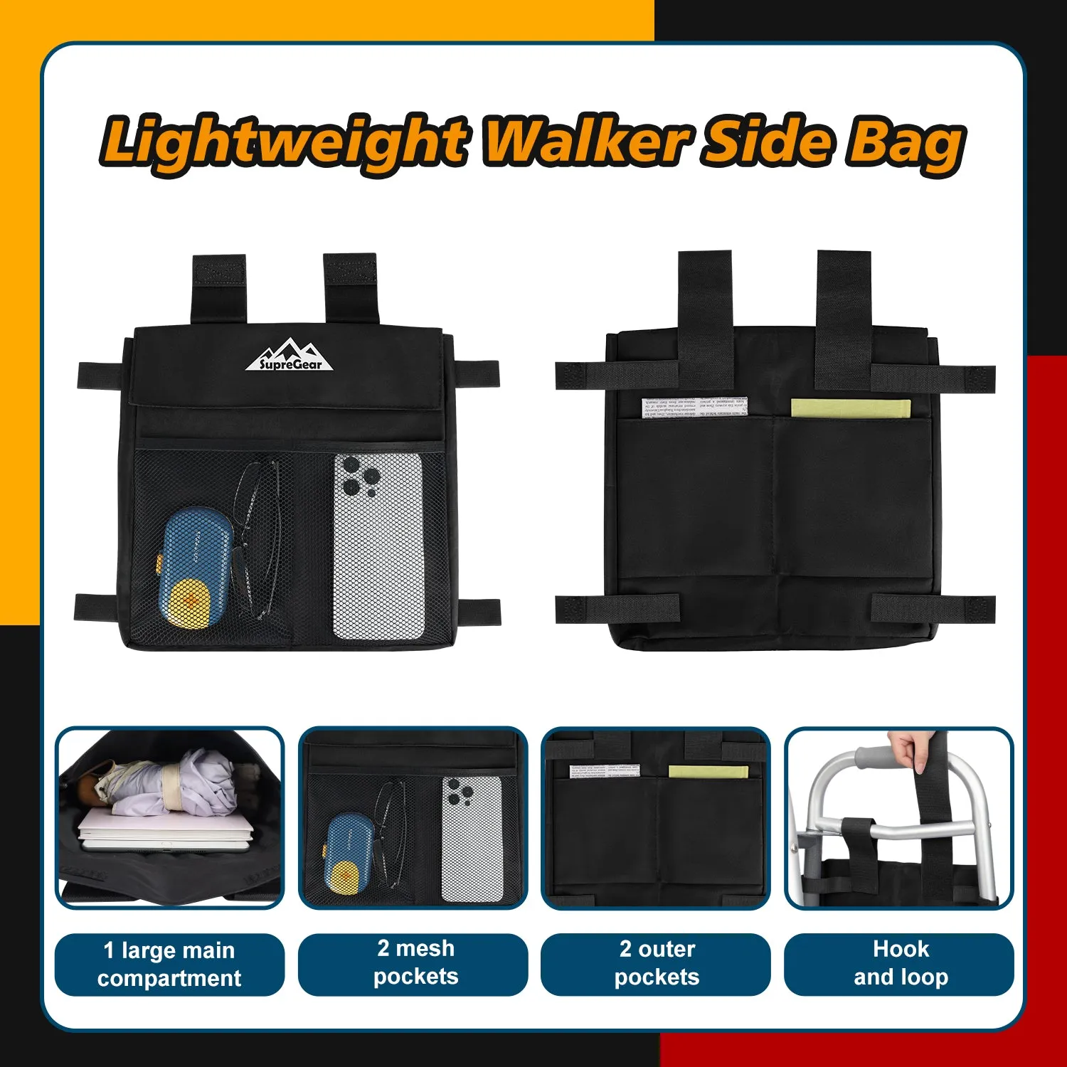 Water-Resistant Walker Side Bag, Basket Pouch