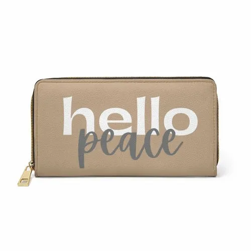 Wristlet Phone Wallet, Light Brown and White Hello Peace Graphic Purse